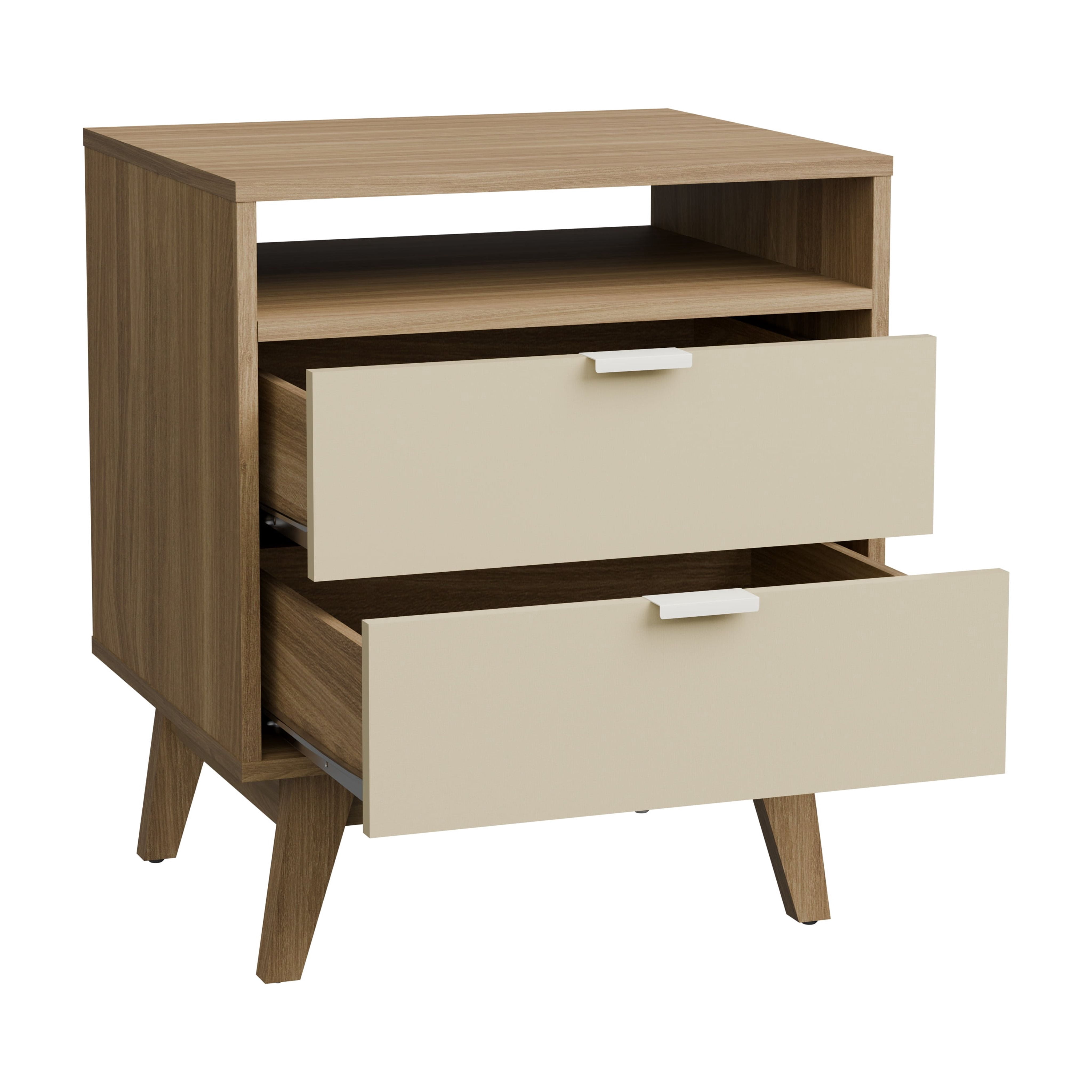 Kappesberg Hanford 2-Drawer Nightstand with Open Shelf, Brown & Cream, Mid-Century Modern - for Adults and Teens