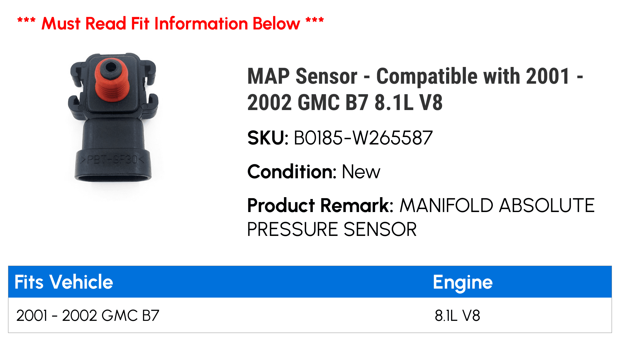 MAP Sensor - Compatible with 2001 - 2002 GMC B7 8.1L V8
