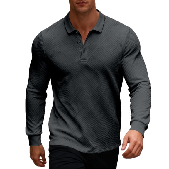 Men's Casual Lapel Polo Shirt T-Shirt Slim Fit Ribbed Long Sleeve Base Shirt for Men, Ideal for Casual Wear and Base Layer Outfits,Dark Gray,S