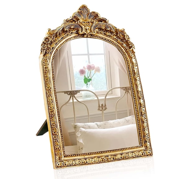 Gold Arch Mirror - 7" Vintage Mirror for Tabletop Resin Frame Decorative Wall Art for Living Room, Bedroom Decor, Vanity Table