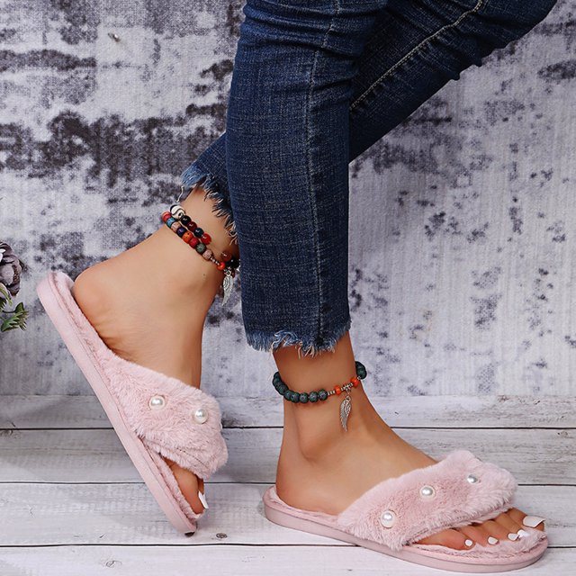 Pantuflas de algodón para damas Zapatos de felpa para exteriores de fondo plano con perla de felpa cálida para interiores Wmkox8yii hj789