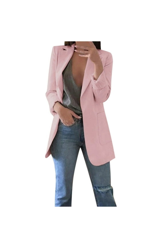 Women's Business Overcoat Solid Color Notched Lapel Long Sleeve Office Cardigans Suit Jacket Coat for Mujer Pink XL