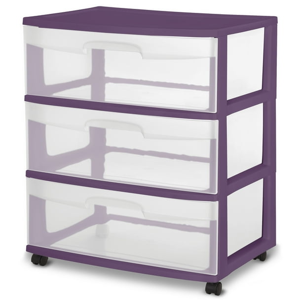 Sterilite Wide 3 Drawer Cart Moda, Purple Storage Bins With Drawers