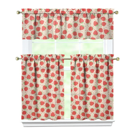 Farmhouse Strawberry Short Curtains for Kitchen - 3 PCS Set with Valance, Red & White Design