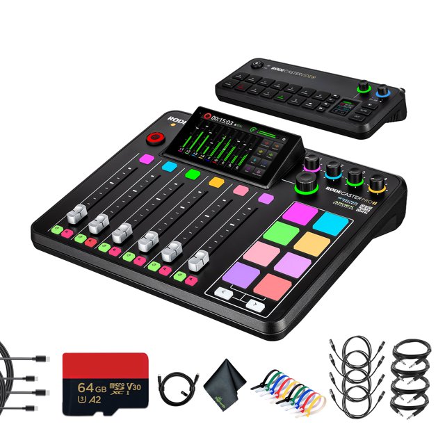 RODE RODECaster Pro II + RODECaster Video All-in-One Production Console + 64GB Micro SD Memory Card + 4x 10 Foot XLR + 2x USB-C + 4x 1/4 TRS + Cable Ties + Fiber Cloth (Bundle)