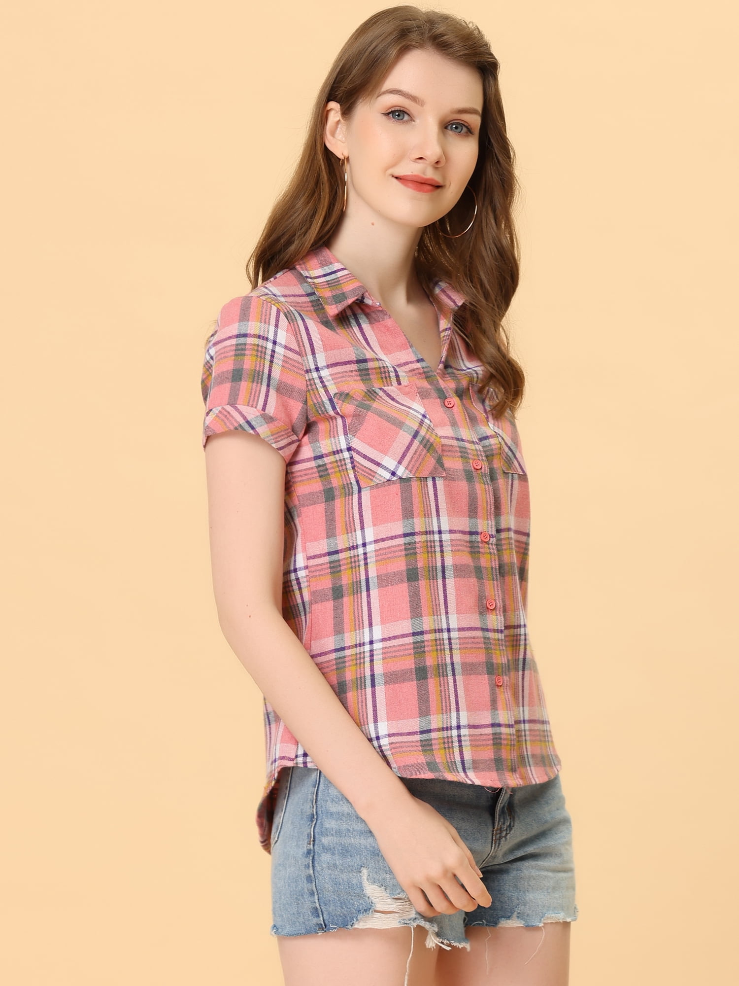 DARING DIVA Women's Casual Boyfriend Plaid Button Down Flannel Shirt XL Light Pink