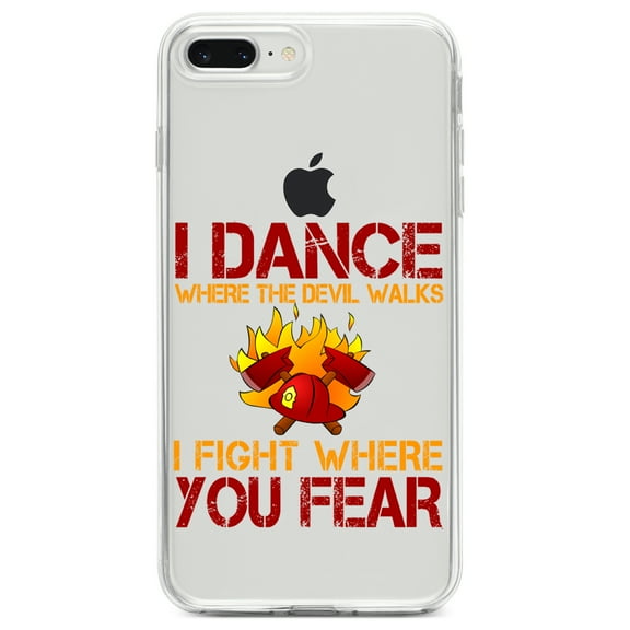 DistinctInk Clear Shockproof Hybrid Case for iPhone 7 PLUS / 8 PLUS (5.5" Screen) TPU Bumper Acrylic Back Tempered Glass Screen Protector - Firefighter - I Dance Where the Devil Walks