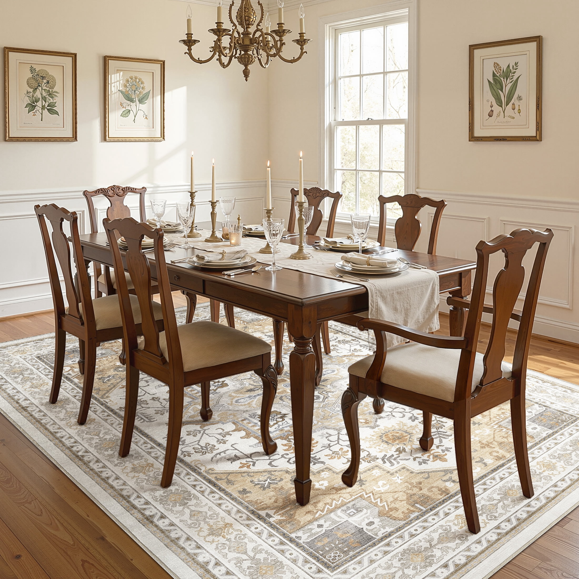 UERMEI 9x12 Washable Area Rugs for Living Room, Modern Vintage Printed Rug, Vacuum-Friendly, Non Slip Indoor Rug for Bedroom Dining Room Home Decor Carpet, Beige/Brown
