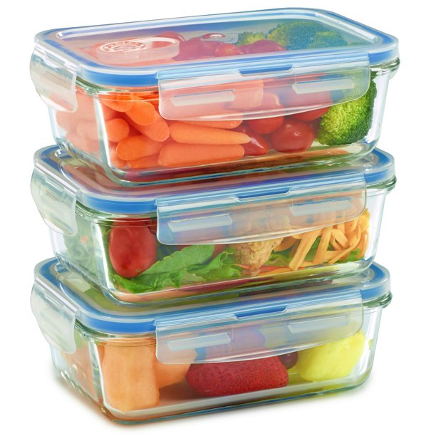 Glass Lunch Containers with Lids (Snap Locking) - Airtight & Leak Proof - BPA Free - Oven, Dishwasher, Microwave, Freezer Safe - Odor and Stain Resistant (3 Pack)