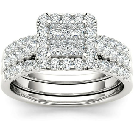 Imperial 1-1/4 Carat T.W. Diamond Single Halo Cluster Two-Band 14kt White Gold Engagement Ring Set