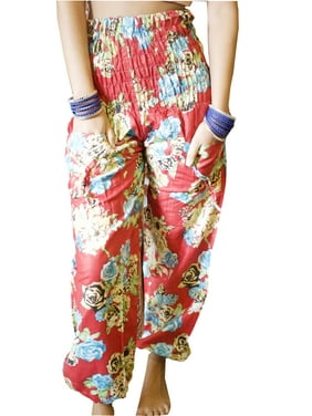 Mogul Women Floral Pants, Casual Pant Wide Leg Red Printed Trendy Summer Cotton Boho Harem Pants SM