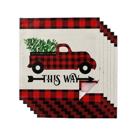 

Cloth Napkins Washable This Way Truck with Christmas Tree Vintage Farm Red Black Plaid Dinner Napkins Soft Absorbent Polyester Fabric Table Napkins for Weddings Parties 6 Pack 20x20 Inch