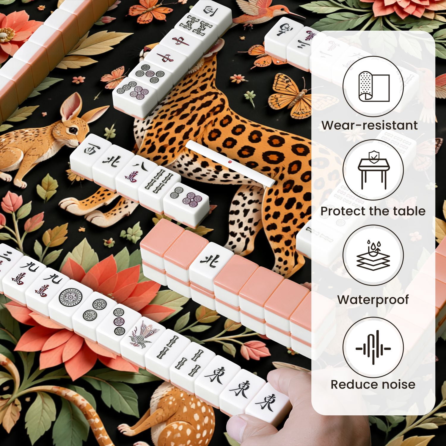 Mahjong Mat 31.5" x 31.5" Ornamental Wildlife Leopard Rabbits Butterflies Hummingbirds Pink Non-Slip Noise Reduction Mahjong Tiles Table Cover for Dominoes Poker Card Board and Tile Games