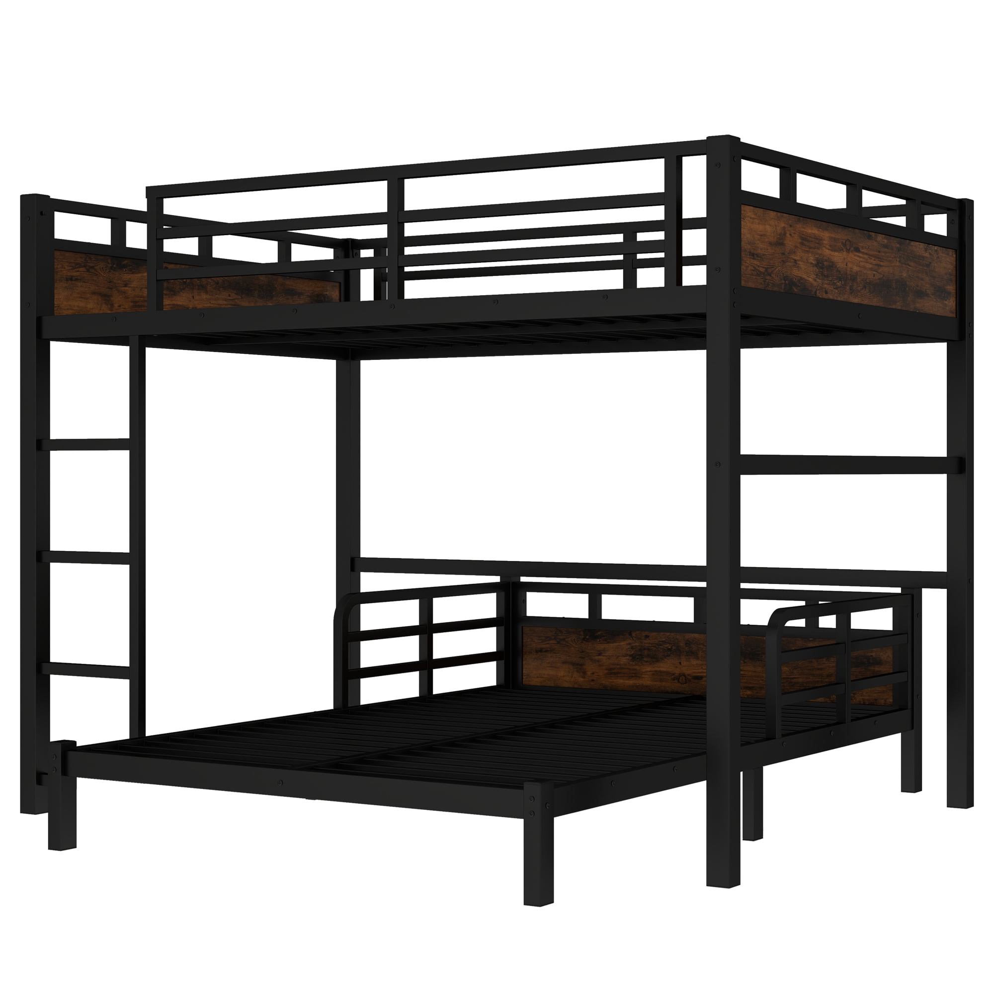 Leumius Full XL over Full XL Metal Bunk Bed,Metal Loft Bed and Metal Platform Beds with Ladder & Safety Guardrail,Black