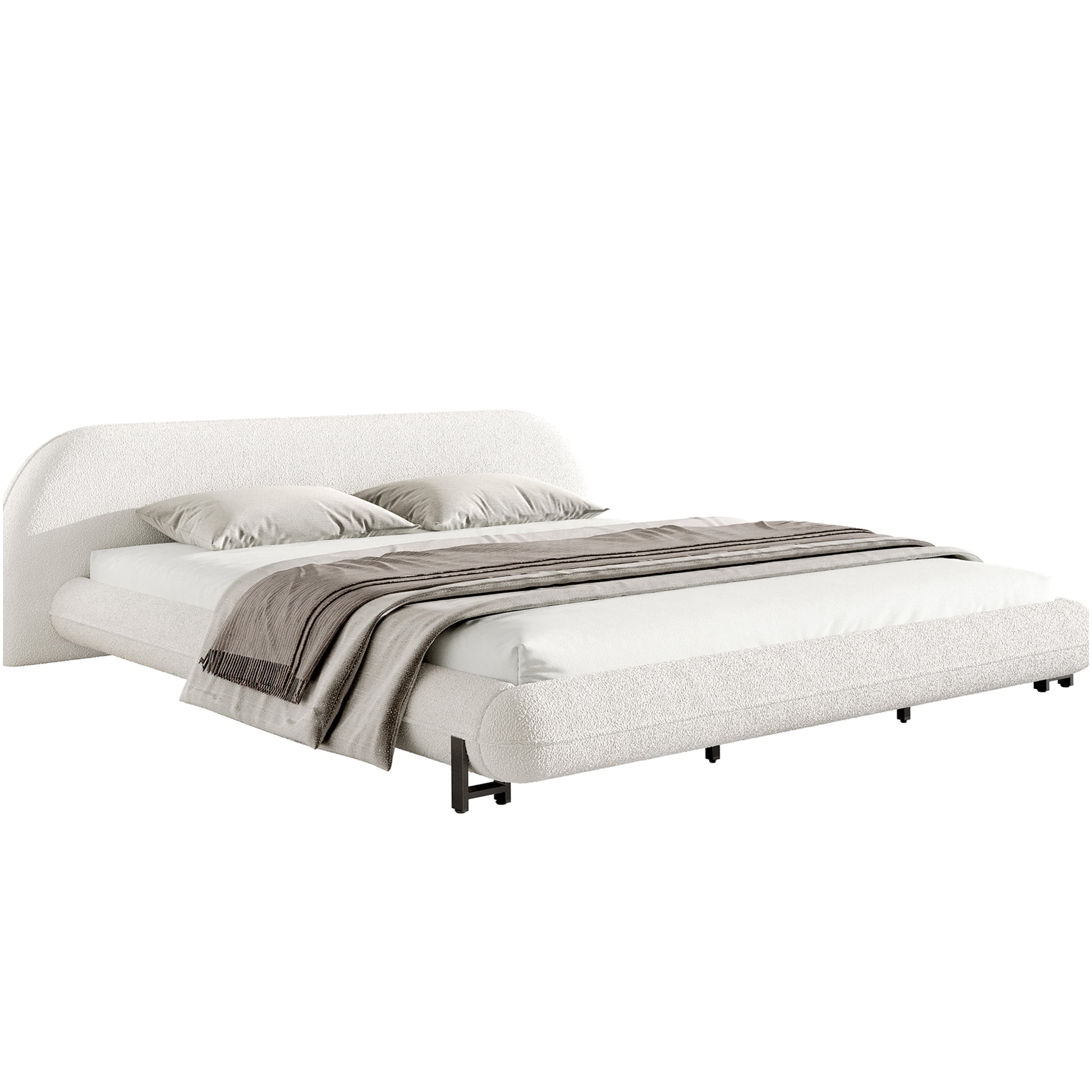White King Size Upholstered Platform Bed Frame with Curved Boucle Headboard, No Box Spring Needed, Strong Wood & Metal Support
