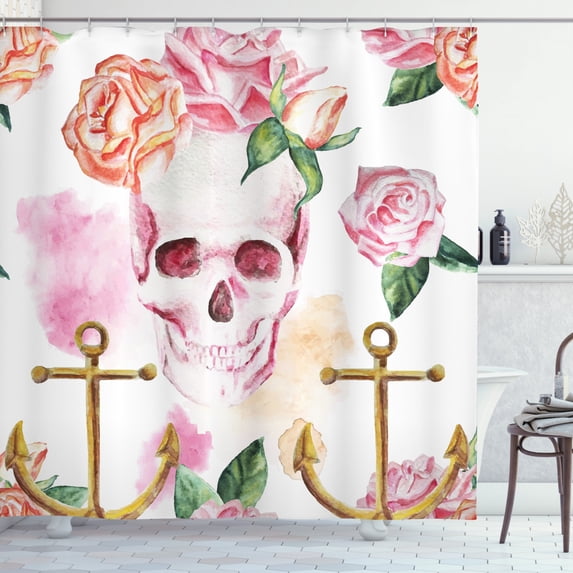 Ambesonne Skull Shower Curtain, Anchor Roses Peony Art, 69"Wx84"L, White Green Pink