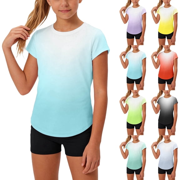 SROBPTY Teen Girls T-Shirts Solid Crew Neck Short Sleeve Gradient Breathable Summer Tops for 4-14Y