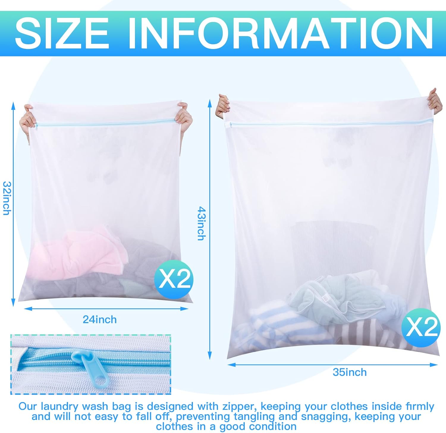 4 Pieces Jumbo Mesh Laundry Bags, 43 x 35 and 24 x 32 Inches Large Mesh Wash Bags Zippered Garment Bag