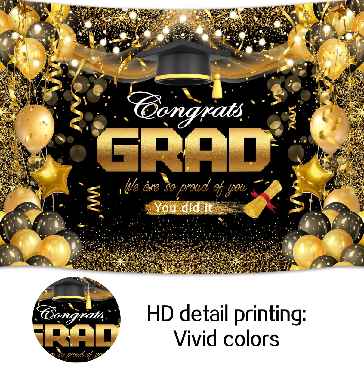 7 x 5 ft Congrats Graduation Backdrop Black Gold Glitter Balloons Celebrating Class of 2025 Party Background Graduate Party Ceremony Portrait Deocrations Props Banner