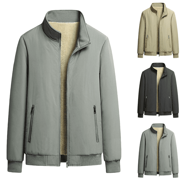 FEIIBMOYRIA Men Winter Jackets Men's Thick Fleece Lined Zip Up Stand Collar Jackets Ribbed Cuffs Zipper Side Pockets Winter Windproof Warm Casual Outer Coats for Cold Weather Daily Commute Outerwear