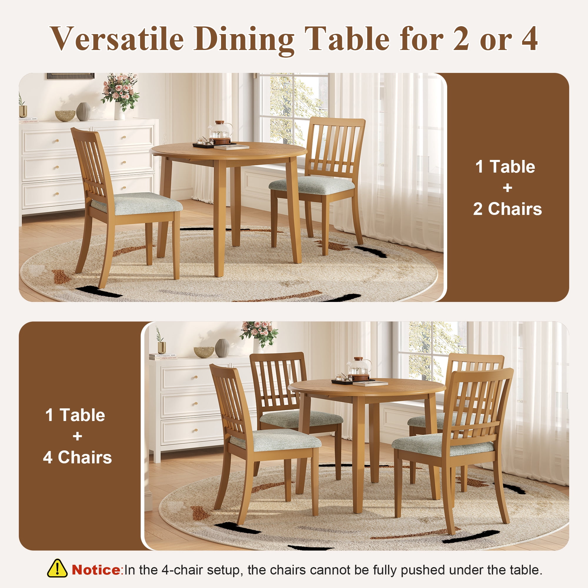 Euroco 5-Piece Round Dining Table Set for 4, Folding Wood Dining Table with 4 Upholstered Chairs, Farmhouse Kitchen Table Set for Small Space,Apartments,Light Brown