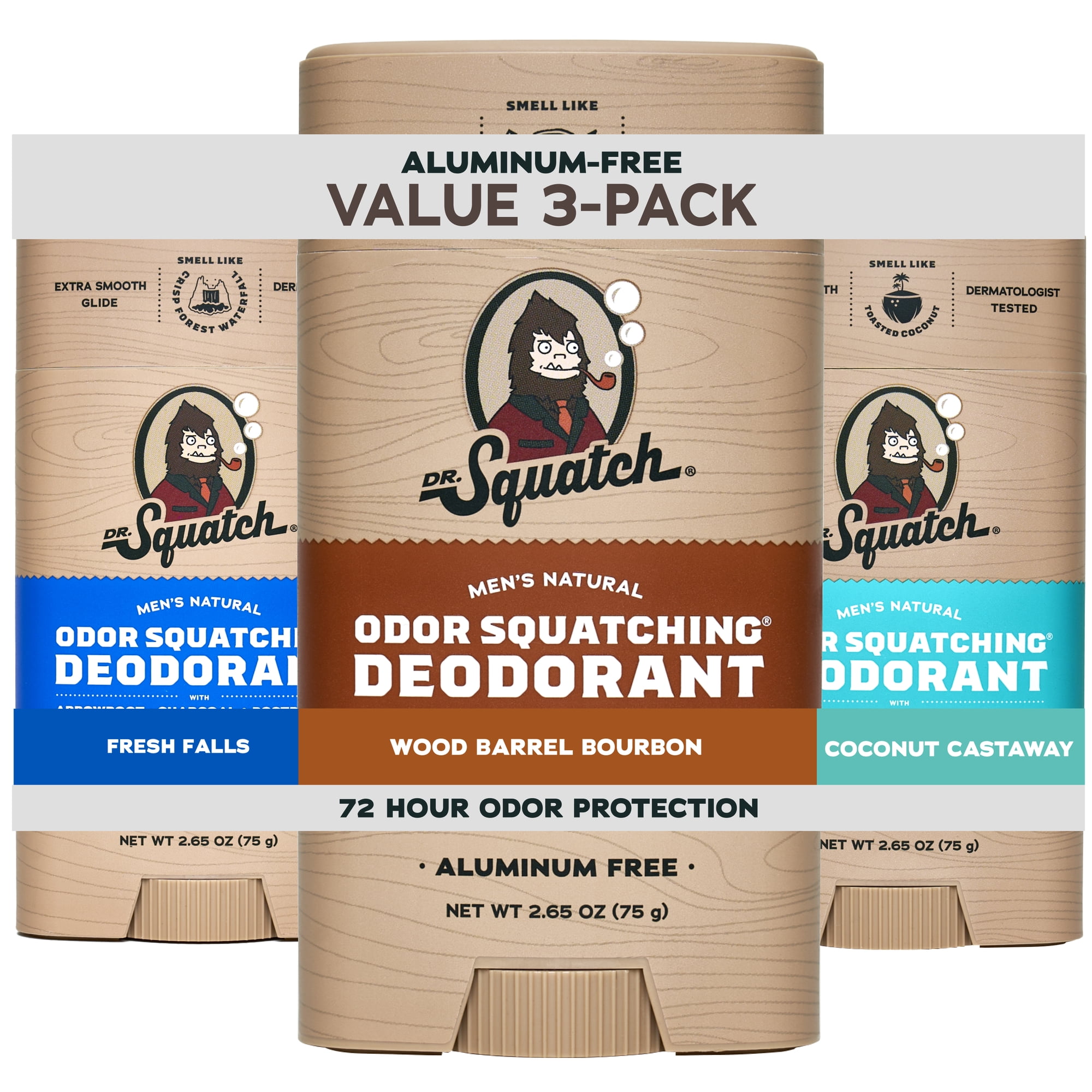 Dr. Squatch Mens Aluminum Free Deodorant Set, Natural Deodorant for Men, Fresh Falls + Wood Barrel Bourbon + Coconut Castaway, 2.65 oz, 3 Pack