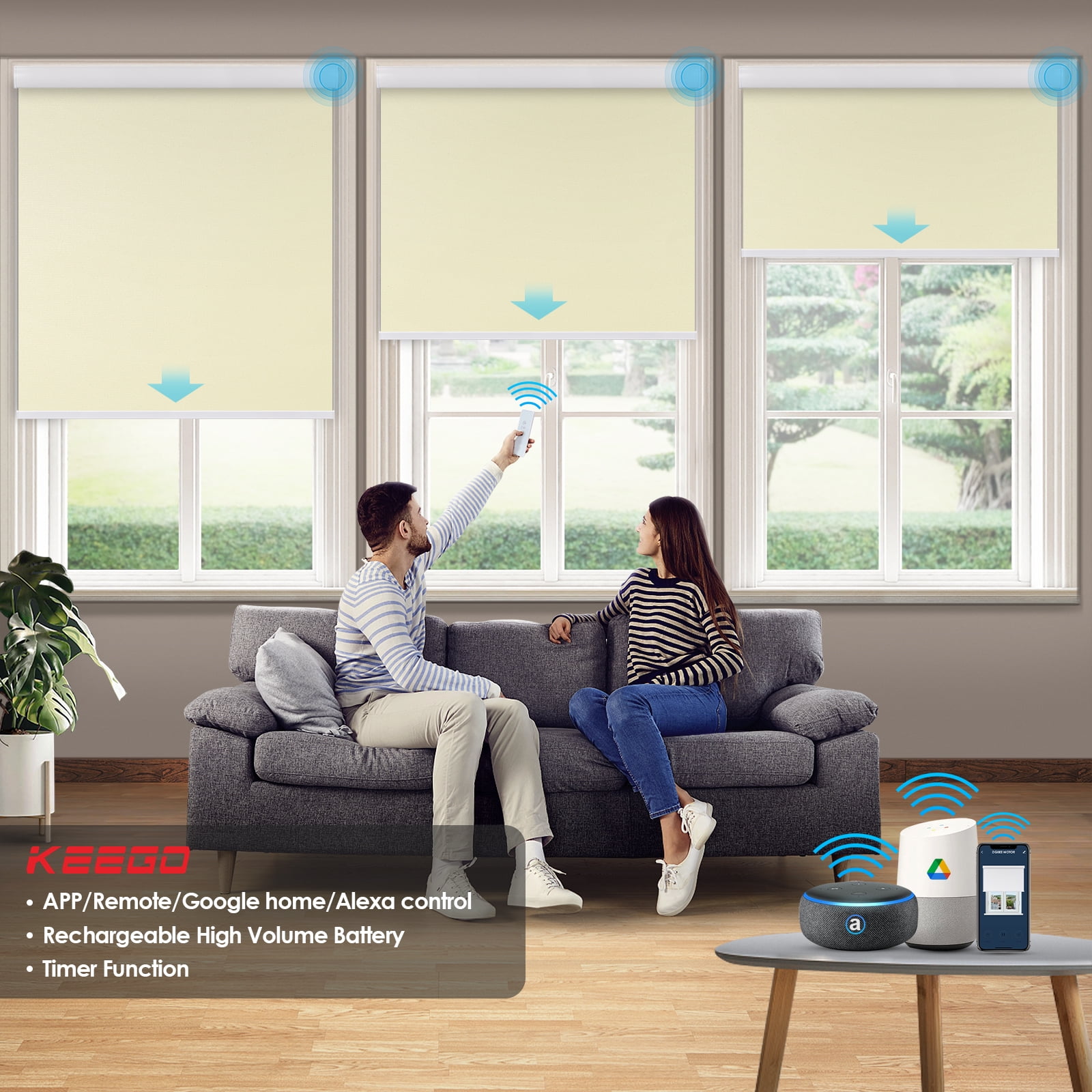 Keego Motorized Shade Remote Control App Control Voice Control Silent Rechargeable Blackout Roller Blinds Auto Window Blinds Beige 52.0 w x 36 h