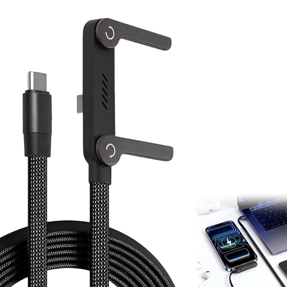 240W Braided Fast Charge Cable with Built-in Phone Stand T-Shaped Foldable Durable USB-C Cord 90 Degree USB C Cable Right Angle Multi-Functional Charger Cord, Black