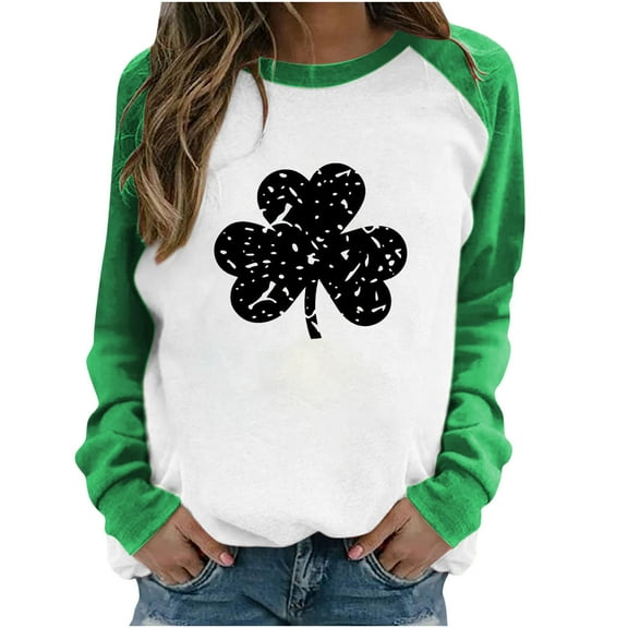 Pntutb Womens Spring Patchwork St. Patricks Day Print Long Sleeve Round Neck Casual Tee Tops