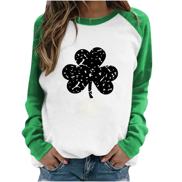 Camiseta informal de manga larga con cuello redondo y estampado de Día de San Patricio de patchwork de primavera para mujer Fridja hkj2153