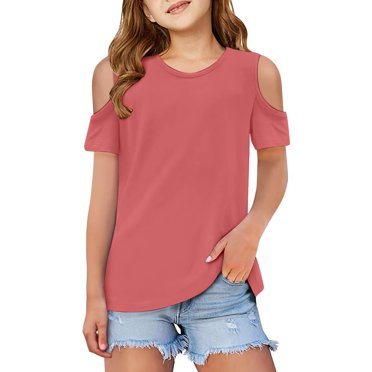 PMVFHDE Girl T Shirts Loose Fit Tee Shirt Basic Tops for Girl Graphic T Shirt Summer Tops for Girl 2025 Children Kids Girls Short Sleeve Shirts Cute Crew Neck Cold Shoulder Tee Top Pink,4-5 Years