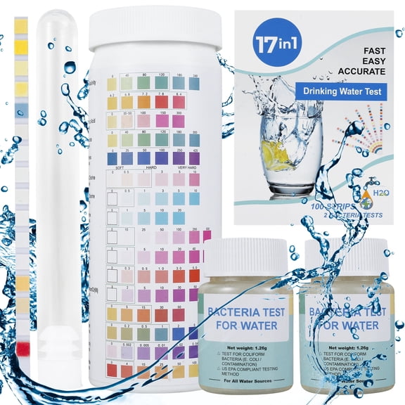 Tzdxfgl 17 in 1 Premium Water Testing Kits for Drinking Water, 100 Strips   2 Bacteria Test Home Water Quality, Test Well and Tap Water, Easy Testing for Bacteria, Hardness, Fluoride, pH, Copper