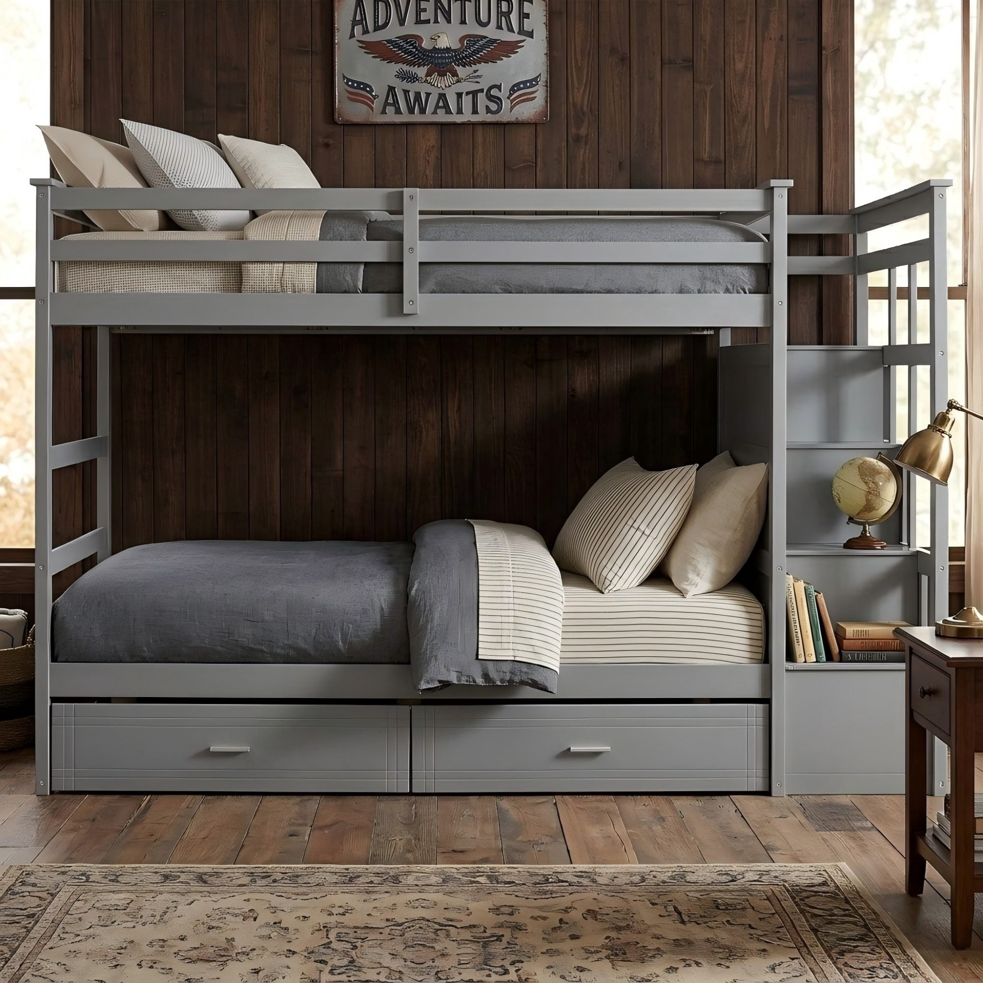 Aukfa Twin over Twin Bunk Bed with 7 Storage Drawers, Wood Bunk Bed with Staircase, Space Saving Design for Kids Bedroom, Gray