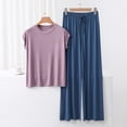 thumbnail image 2 of QQAMB Womens Lounge Sets 2 Piece Outfits Short Sleeve V-Neck Summer Top Elastic Waist Wide Leg Pants Tracksuit Outfits Purple M, 2 of 5