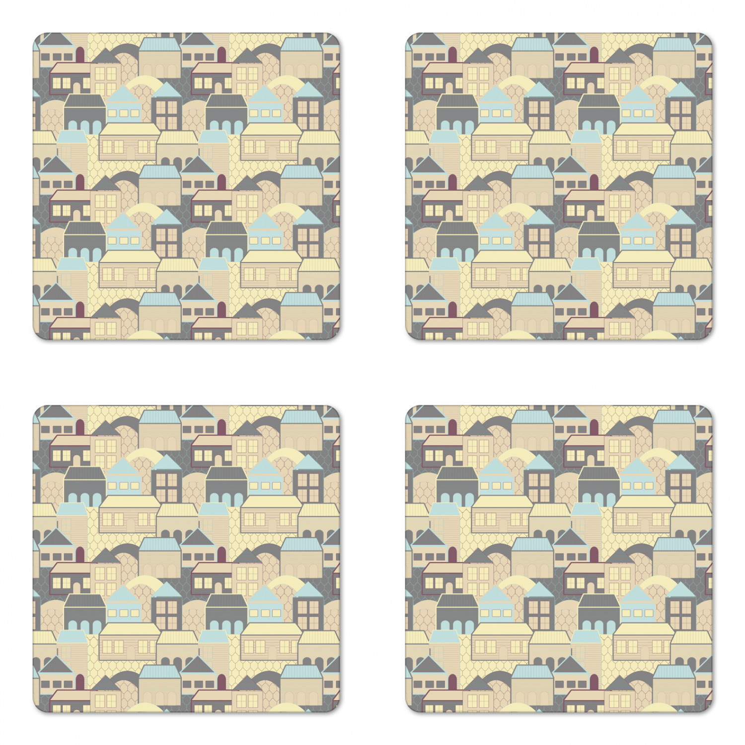 Postcode Coasters Urban Coaster Set of 4, Multicolored Houses Vintage Structures ...