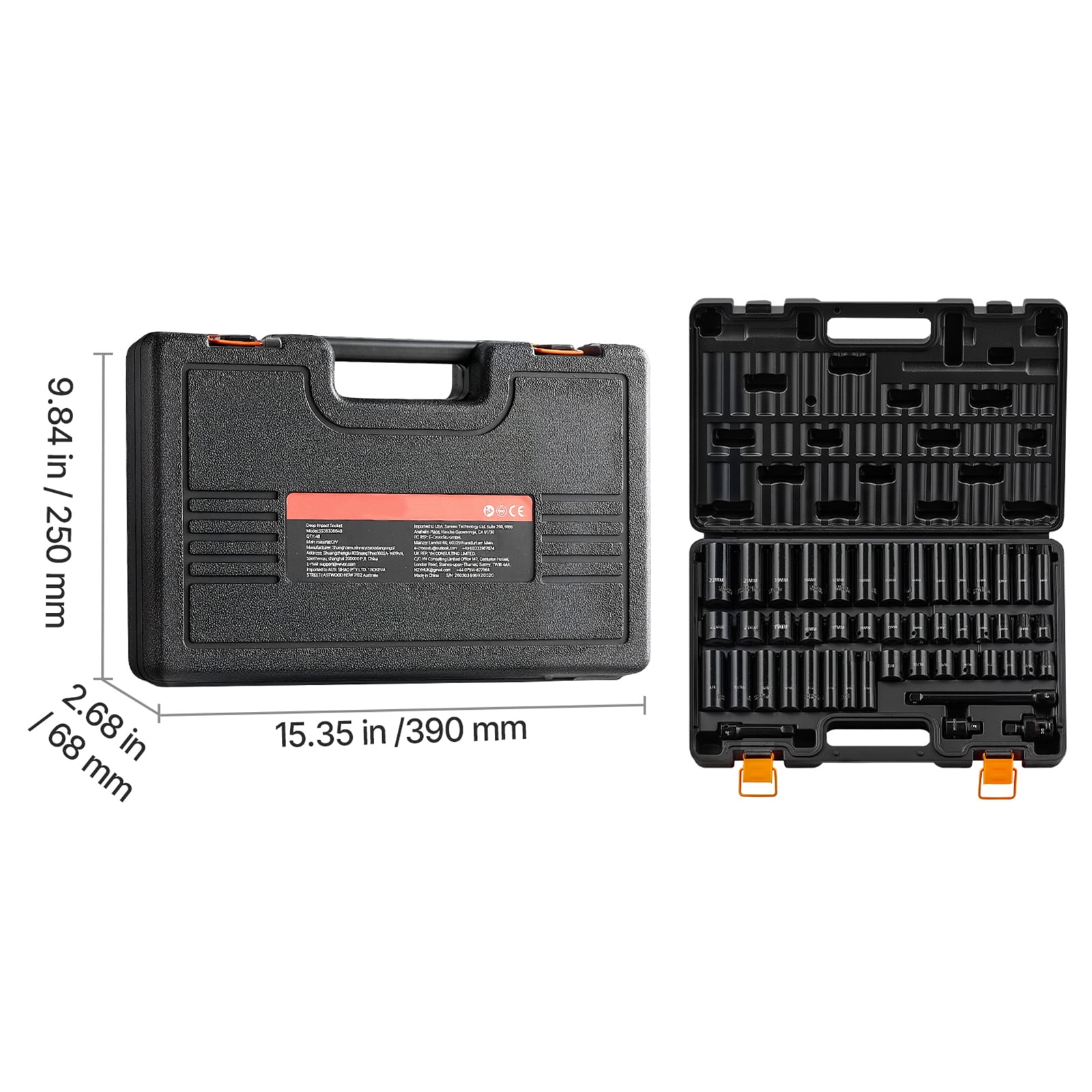 KFFKFF 48-Piece Impact Socket Set, 3/8" Drive, 6-Point SAE (5/16"-3/4") and Metric (8-19 mm, 21-22 mm), Cr-V Steel, Includes Extension Bar, Adapter, and Organized Storage Case