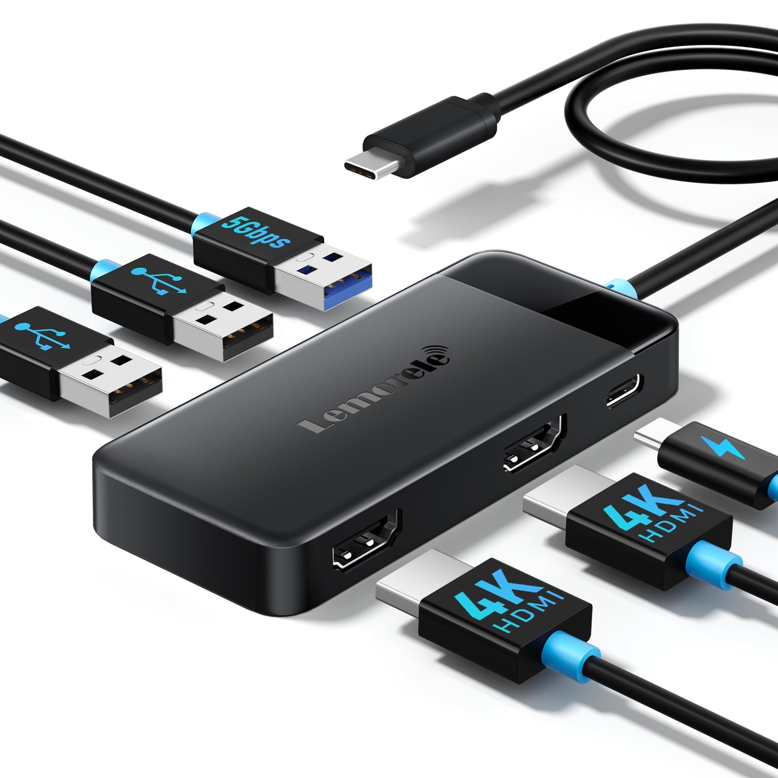 Lemorele TC122 6-in-1 USB C Hub with Dual 4K HDMI, 100W PD Charging, 3 USB Ports, Portable Docking Station for Windows Laptop Dual Monitor, MacBook, Dell, HP, Lenovo