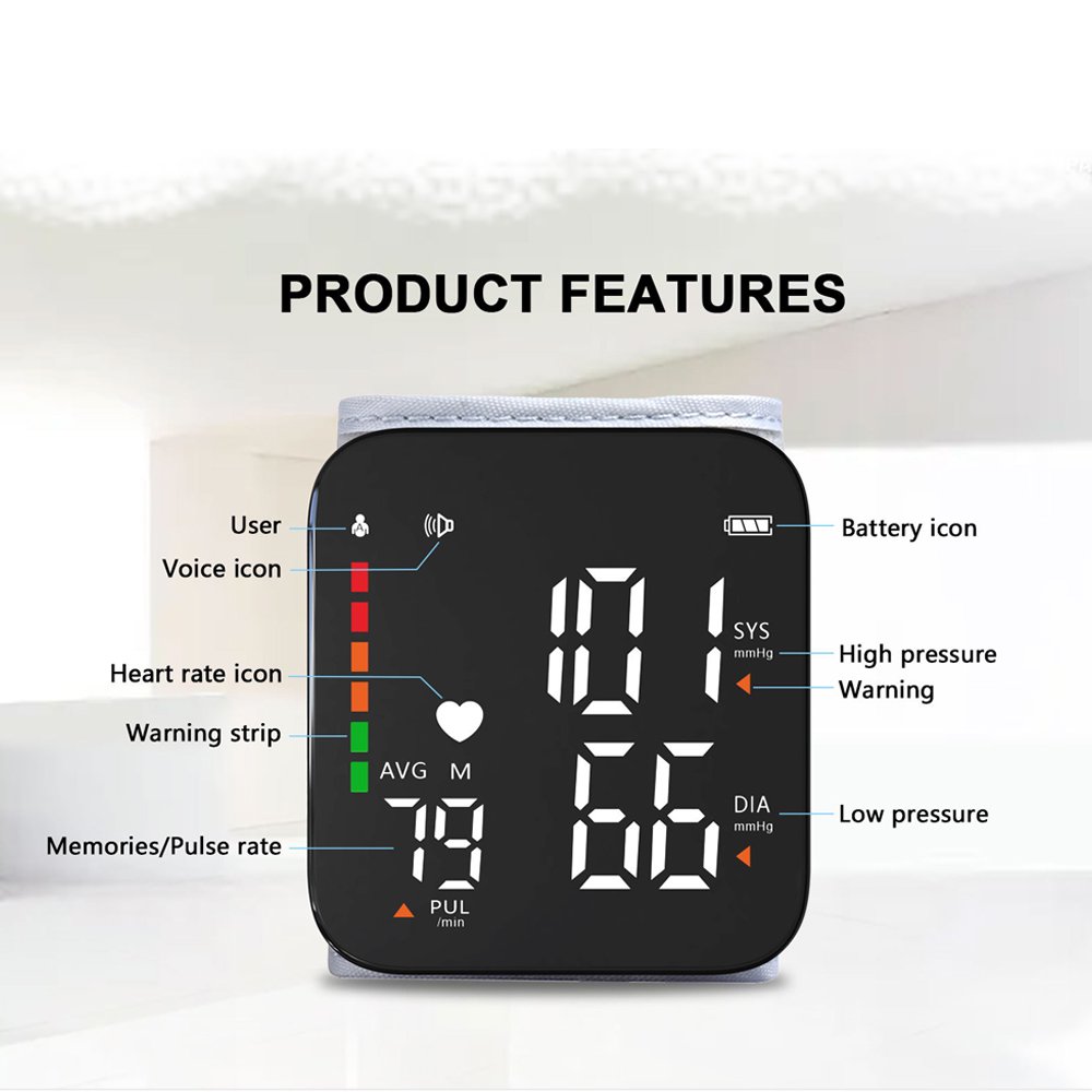 Monitor de presión arterial automático de muñeca, brazalete ajustable, monitor digital portátil de presión arterial y frecuencia cardíaca, monitor de presión arterial con pantalla LCD grande y voz, para hogar y viajes 8