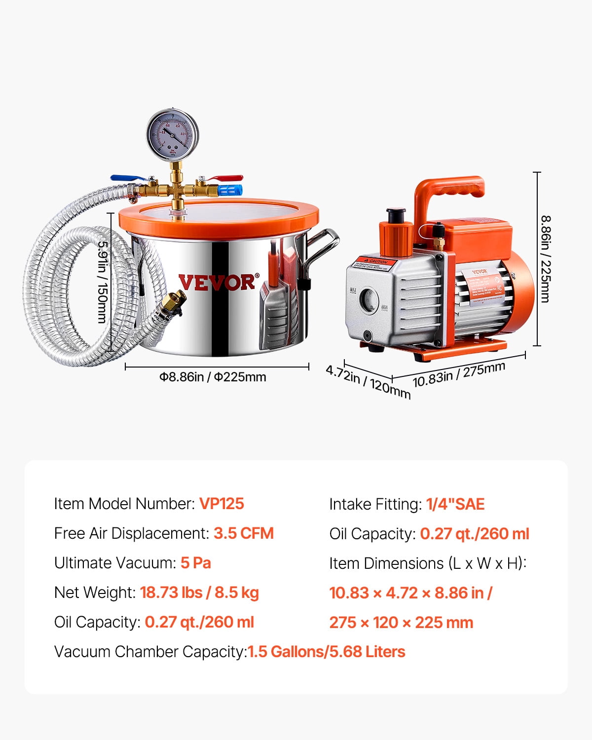 VEVOR 1.5 Gal Vacuum Chamber and 3.5 CFM Pump Kit, Stainless Steel Chamber, Single Stage Vacuum Pump Degassing Chamber Kit, with Acrylic Lid, Oil, 4.92 ft Hose,for Degassing Resin Silicone Epoxies