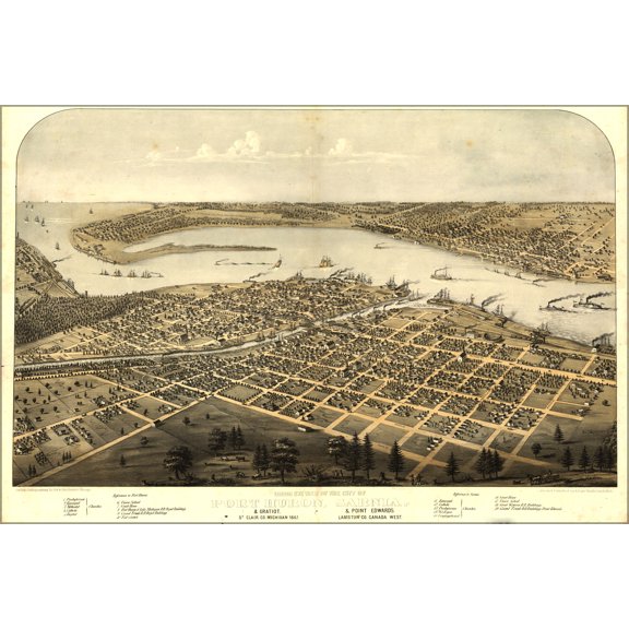 24"x36" Gallery Poster, Birdseye view map of the city of Port Huron, Sarnia & Gratiot, St. Clair Co., Michigan 1867