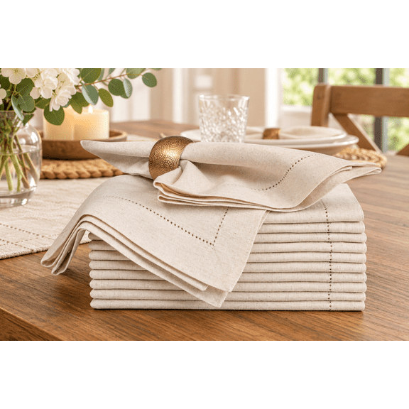 Bedding Craft Natural Linen Flax Cotton Dinner Napkins – Elegant Hemstitched Reusable Fabric – Machine Washable and Durable Cloth Napkins Set of 12, 20"x20"