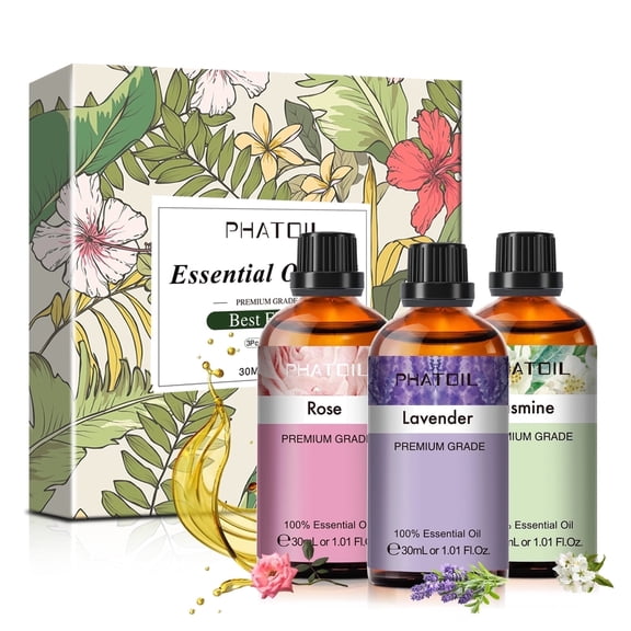 PHATOIL 3PCS Rose, Lavender, Jasmine Essential Oils Set,100% Pure and Natural Oils for Diffusers,Candle Making,Skincare,Humidifiers,Aromatherapy,(30mL)