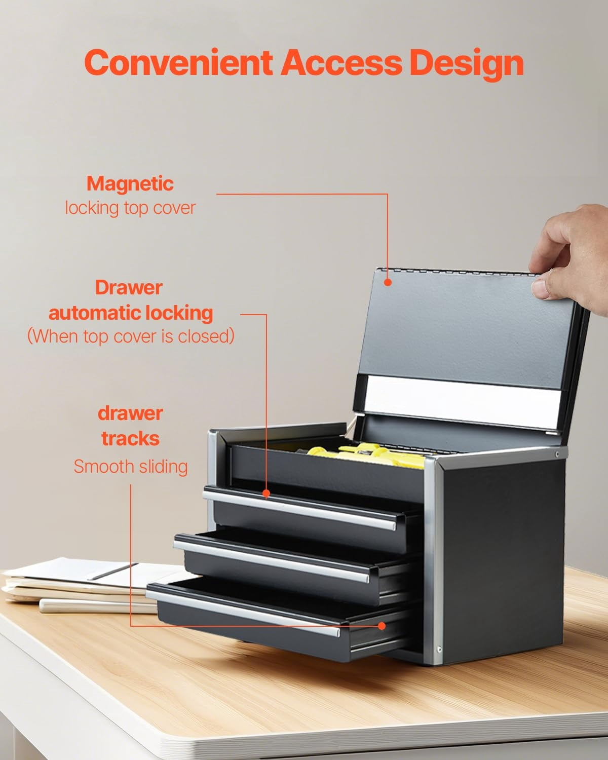 Metal Tool Box, 8.6-inch, Portable Metal Tool Box with 3 Drawers, Small Tool Chest with EVA Liners and PP Feet Pads, Heavy-Duty Steel With Ball Bearing Opening and Powder Coated Finish, Black