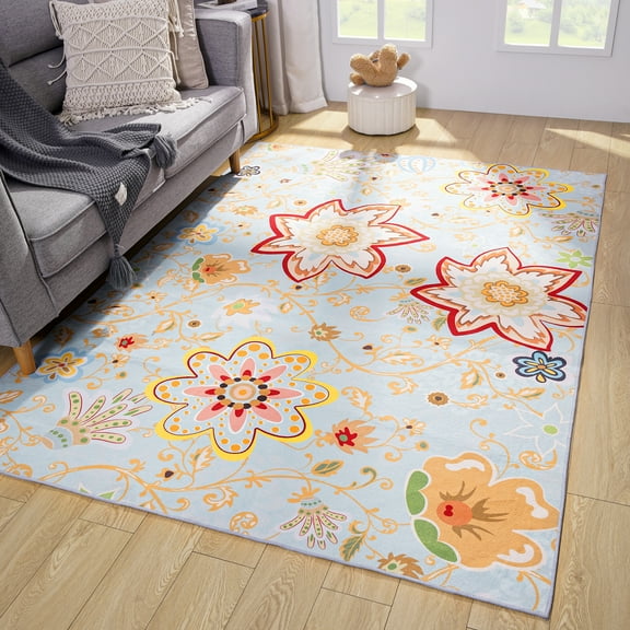 Noahas Floral Patterned Washable Living Room Area Rug - 4x6 Non-Slip Low Pile Rug for Office Bedroom Laundry Room Kid Room , Blue