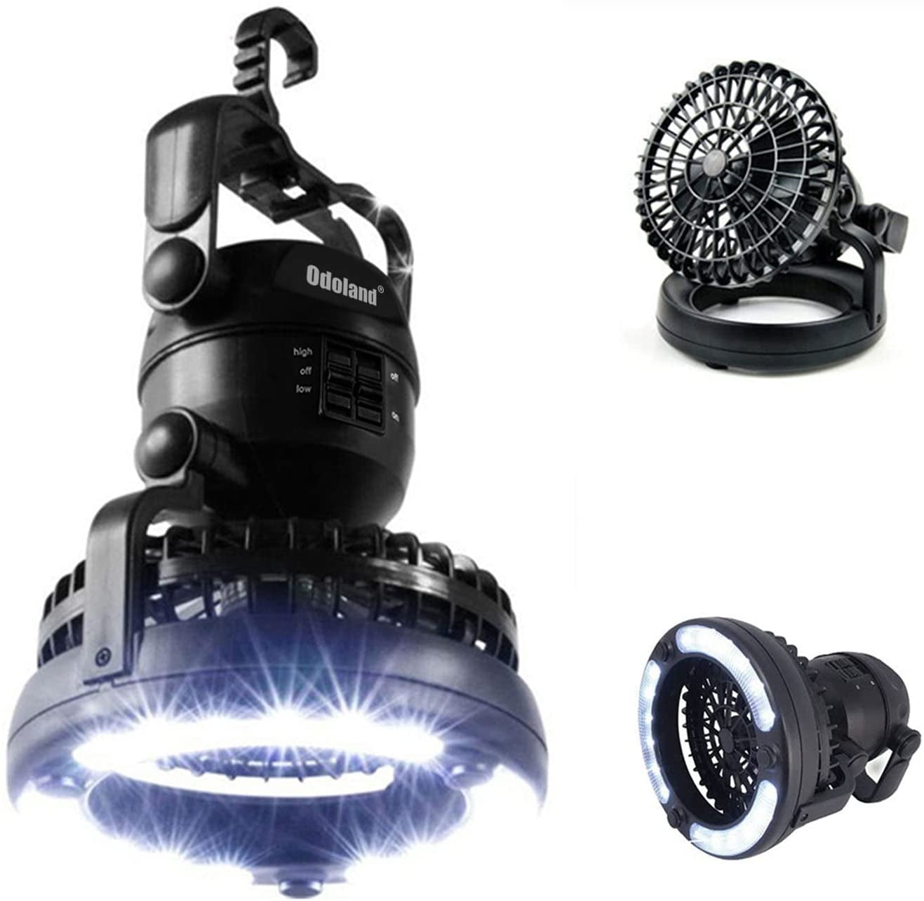 Portable Camping Fan with LED Light,Battery Operated Rechargeable Camping Lantern, USB Desk Fan, Tent Fan with Hanging Hook