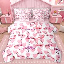 Homewish Tropical Animal Flamingo 7-Piece Twin Bedding Sets,Kawaii Lovea Pattern Bedding Comforter Set,Pink White Sheet Sets For Girls Teens,Breathable Home Decor Reversible