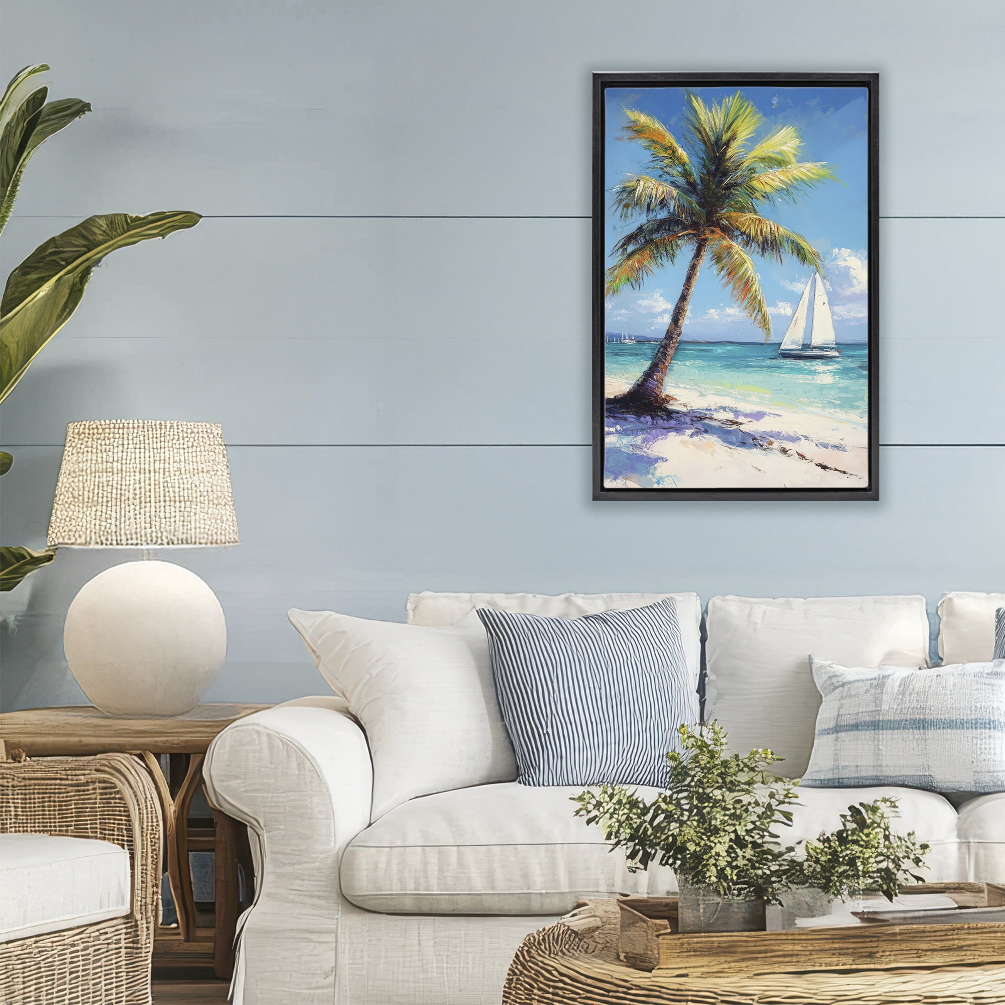 Stupell Industries Palms & Sails Beach View Black Framed Floater Canvas Wall Art, design by Petal Prints Design