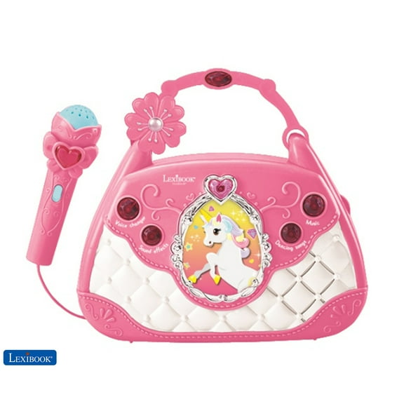 Lexibook Unicorn Karaoke Bag with Microphone, voice changer, demo songs, light effects, mic included, aux-in input, pink/blue, K102UNI