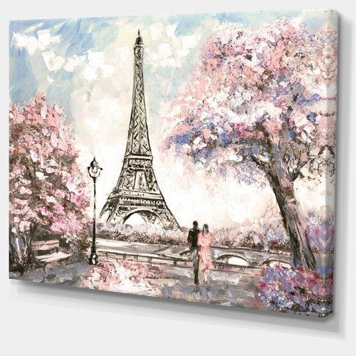 Designart 'Eiffel with Pink Flowers ' Landscape Canvas Art Print
