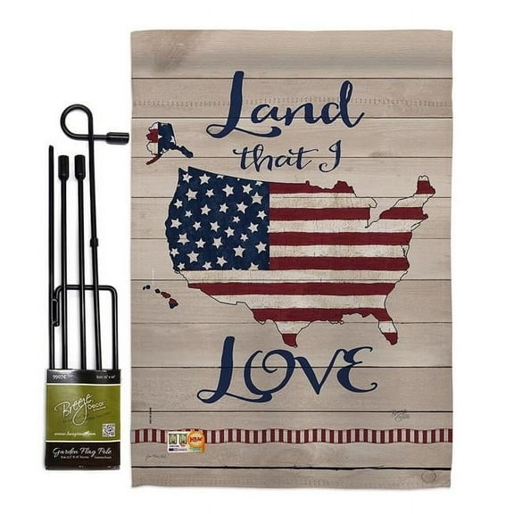 Breeze Decor BD-PA-GS-111083-IP-BO-D-US18-SB 13 x 18.5 in. Land I Love Americana Patriotic Vertical Double Sided Mini Garden Flag Set with Banner Pole